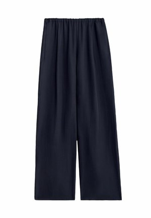 Öömeri sinised laiade säärega püksid, millel on elastne vöökoht ja lõdvestunud, voogav lõige, sobivad vabaks või professionaalseks kandmiseks.