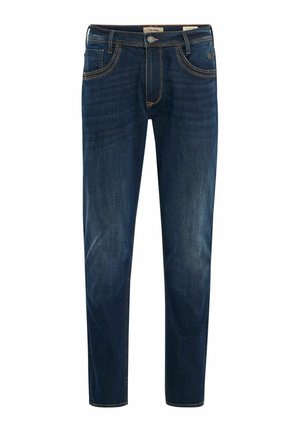 Ciemnoniebieskie dżinsy wykonane z denimu z wyblakłym wykończeniem. Posiadają haftowane kieszenie, zamek błyskawiczny oraz kontrastowe akcenty nićmi. Slim fit.
