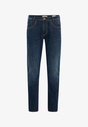 Sötétkék farmernadrág, kopottas hatással. Két varrott zseb, cipzáras derék és kontrasztos cérnavarratok jellemzik. Slim fit fazon.