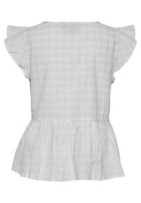 Blouse à carreaux légers en tissu doux, avec des manches courtes à volants, une coupe décontractée et un ourlet peplum évasé. Couleur : rose pâle et blanc.