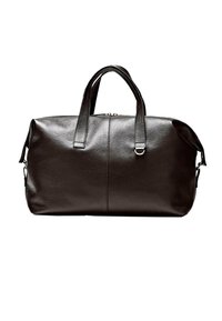 Black leather duffel bag with dual top handles, zipper closure, and a metal ring detail on the front handle.