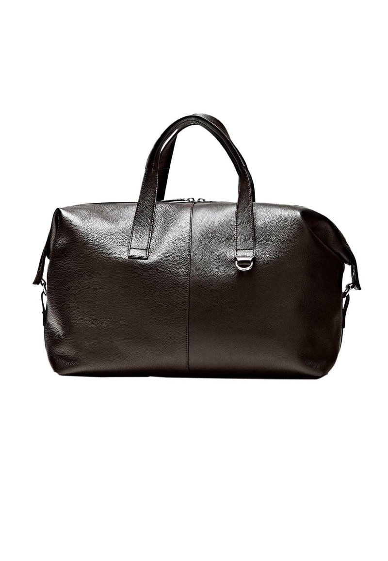 Black leather duffel bag with dual top handles, zipper closure, and a metal ring detail on the front handle.