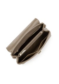 Borsa a mano in pelle grigia chiara con superficie testurizzata; presenta più scomparti, tra cui una tasca con zip e accenti in metallo dorato.