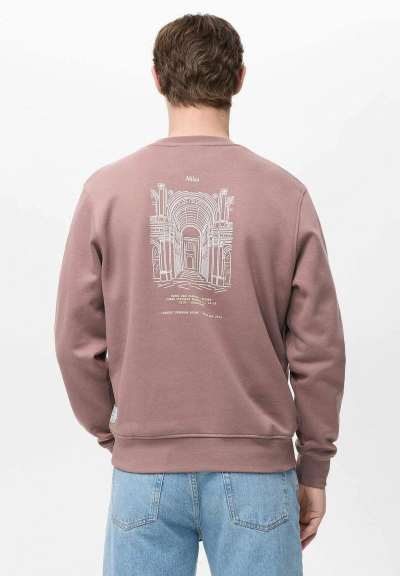 Rosa Sweatshirt mit Rundhalsausschnitt, auf der Rückseite mit einem weißen grafischen Design einer architektonischen Struktur. Weiches Baumwollmaterial.