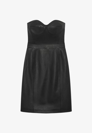 Robe bustier en cuir noir avec un corsage ajusté, un détail côtelé subtil à la taille et une jupe évasée. Texture lisse.