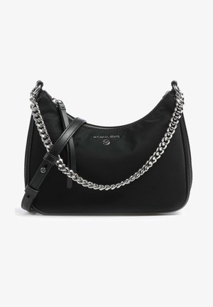 Black shoulder bag with a smooth nylon body, silver chain strap, and leather accents. Features logo detail on the front. Curved shape.