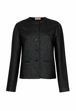 Veste noire texturée à manches longues avec encolure ronde, cinq boutons à l'avant et deux poches discrètes, présentée sur fond blanc.