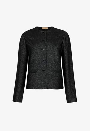 Veste noire texturée à manches longues avec encolure ronde, cinq boutons à l'avant et deux poches discrètes, présentée sur fond blanc.