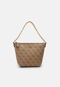 Borsa a tracolla beige con motivo, realizzata in materiale sintetico, dotata di una tracolla in catena dorata e logo in rilievo. Chiusura con zip sulla parte superiore.