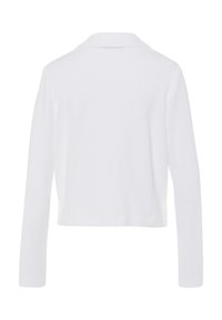 Weißer Langarmjacke aus strukturiertem Stoff mit Kragen. Der Rücken hat einen geraden Saum und keine sichtbaren Verschlüsse oder zusätzlichen Details.