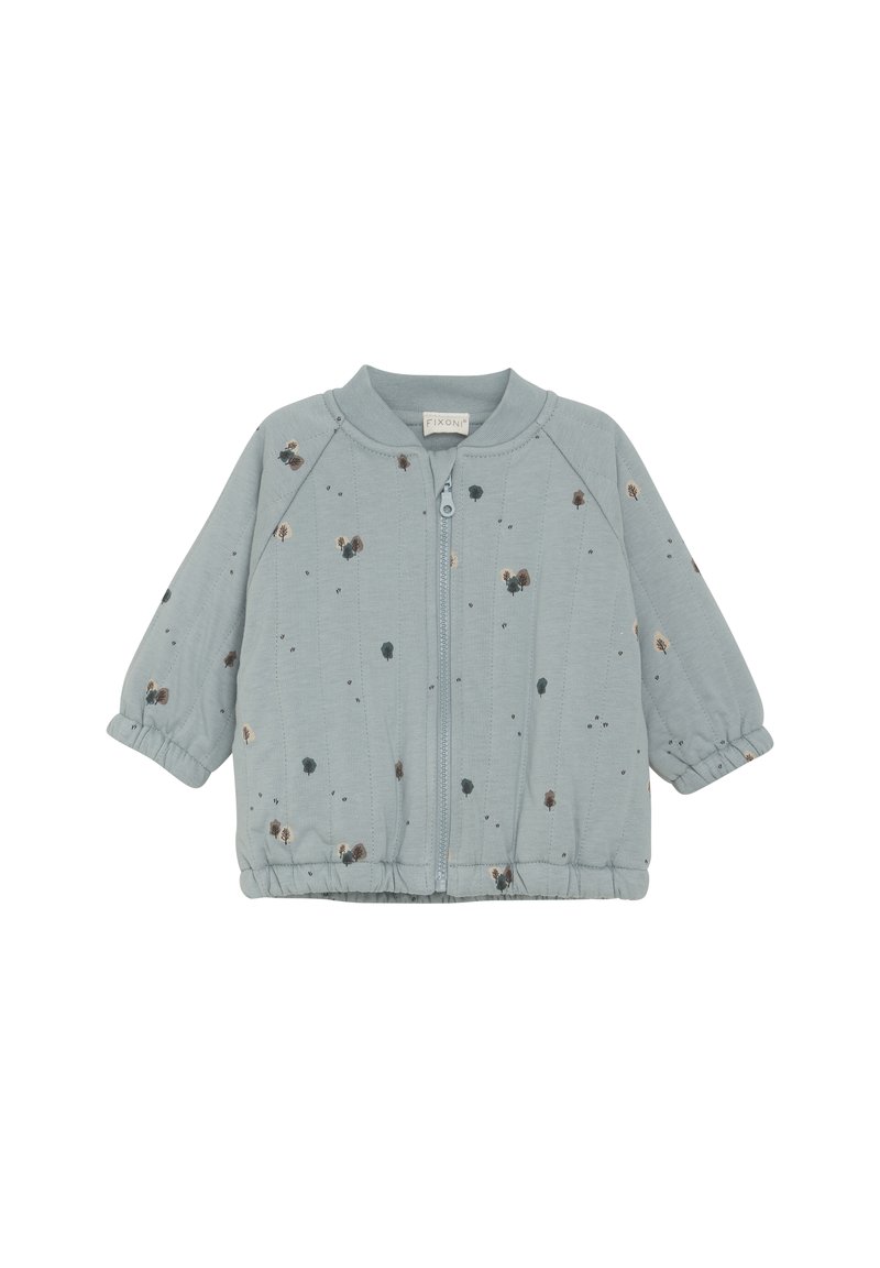Ljusblå zip-up-jacka i mjukt tyg, med puffiga ärmar och spridda guld- och bruna prickmönster. Elastiska ärmslut och nederkant.