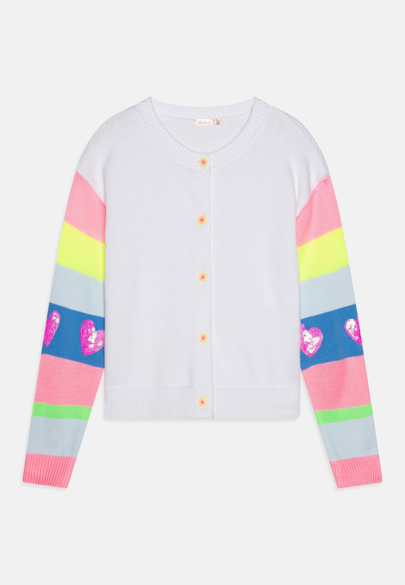 Cardigan bianco a maglia con maniche a righe colorate in rosa, giallo neon, grigio e blu, con accenti di cuore in paillettes e bottoni gialli.
