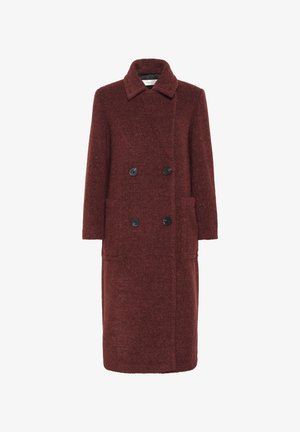 Cappotto in lana bordeaux doppiopetto con finitura testurizzata, collo a rovescio, due tasche frontali e bottoni neri.
