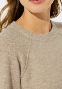 Jasno beżowy sweter z prążkowanym dekoltem, gładką strukturą i rękawami raglanowymi. Materiał wydaje się miękki i przytulny z delikatnym melanżowym wzorem.