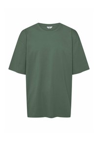 Zielona bawełniana koszulka z okrągłym dekoltem, krótkimi rękawami i luźnym krojem. Gładka tekstura, minimalistyczny design, bez widocznych logo lub wzorów.