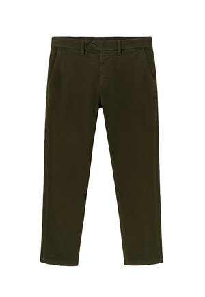 Pantaloni in corduroy verde oliva con taglio dritto, dotati di due tasche frontali e chiusura con bottone in vita. Tessuto morbido e strutturato.