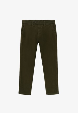 Pantaloni in corduroy verde oliva con taglio dritto, dotati di due tasche frontali e chiusura con bottone in vita. Tessuto morbido e strutturato.