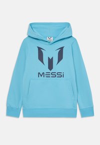 Haut à capuche bleu clair avec un logo bleu foncé présentant un design abstrait et le texte "MESSi" en dessous. Comprend une poche avant et une capuche.