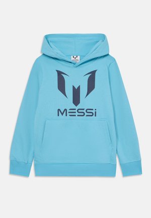 Gaiši zilā kapucē ir tumši zilā krāsā izteikts logo ar abstraktu dizainu un tekstu "MESSi" zem tā. Iekļauts priekšējais kabata un kapuce.