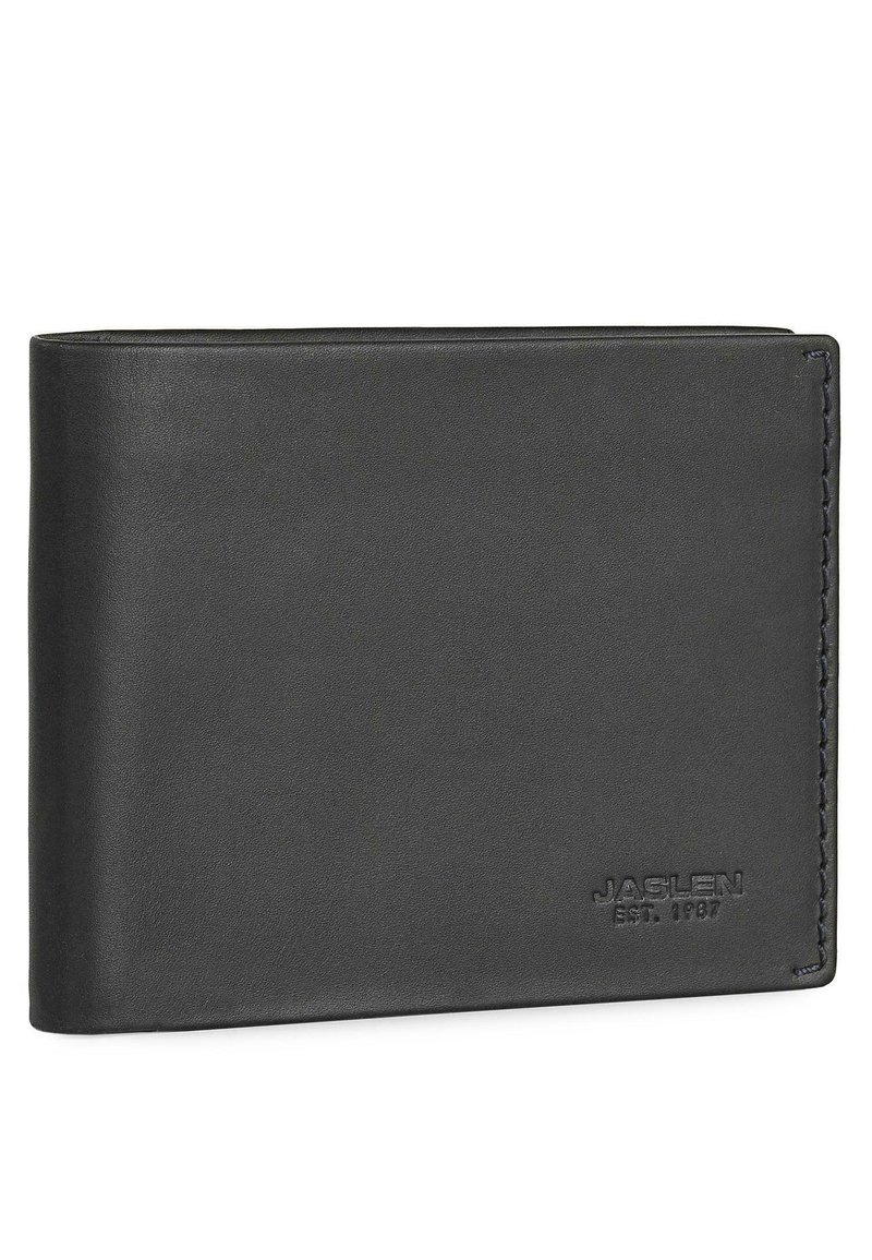 Cartera de cuero negro con una textura lisa, diseño bifold y un sutil logo en relieve. Los bordes cosidos mejoran la durabilidad.
