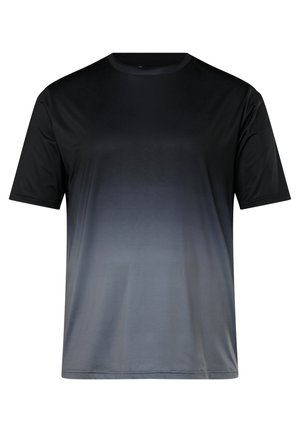 Schwarzes und graues Farbverlauf-T-Shirt mit kurzen Ärmeln, aus leichtem, glattem Material. Verfügt über einen Rundhalsausschnitt und ein minimalistisches Design.