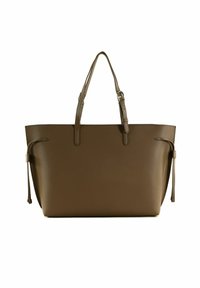 Sac cabas en cuir marron avec une surface texturée, deux longues anses et des accents à cordon de serrage sur les côtés. Forme rectangulaire.