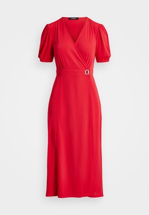 Red wrap dress with short puff sleeves, a v-neckline, and a belted waist featuring a silver buckle accent. Smooth fabric with a mid-length hem.