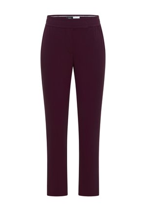 Ciemnofioletowe spodnie o prostych nogawkach z elastycznym pasem i gładką, niegniotącą się teksturą materiału.