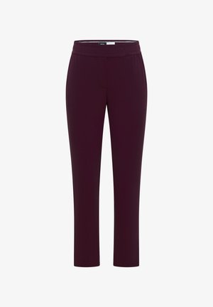 Mørkelilla bukser med lige ben, elastisk taljebånd og en glat, krølfri stoftekstur.