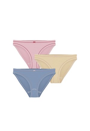 Drie gestreepte damesbikinibroekjes in rood, geel en blauw, elk met een klein decoratief strikje in het midden van de tailleband.