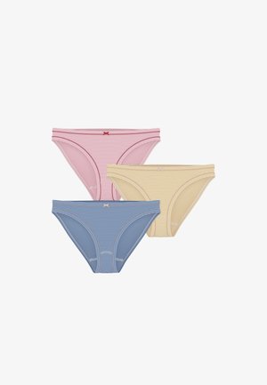 Tre slip bikini da donna a righe in rosso, giallo e blu, ciascuno con un piccolo fiocco decorativo al centro della vita.