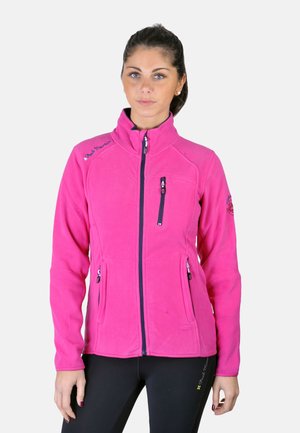Veste en polaire de couleur rose vif, avec un col haut, une fermeture éclair intégrale et des poches latérales à zippers. Texture lisse et coupe ajustée.
