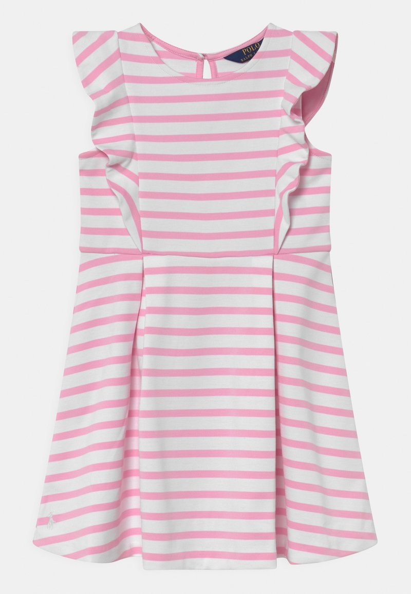 Sukienka w pasy z falbanami na rękawach, z różowo-białymi, naprzemiennymi pasami, okrągłym dekoltem i rozkloszowanym dołem. Zapięcie na plecach w kształcie łezki.
