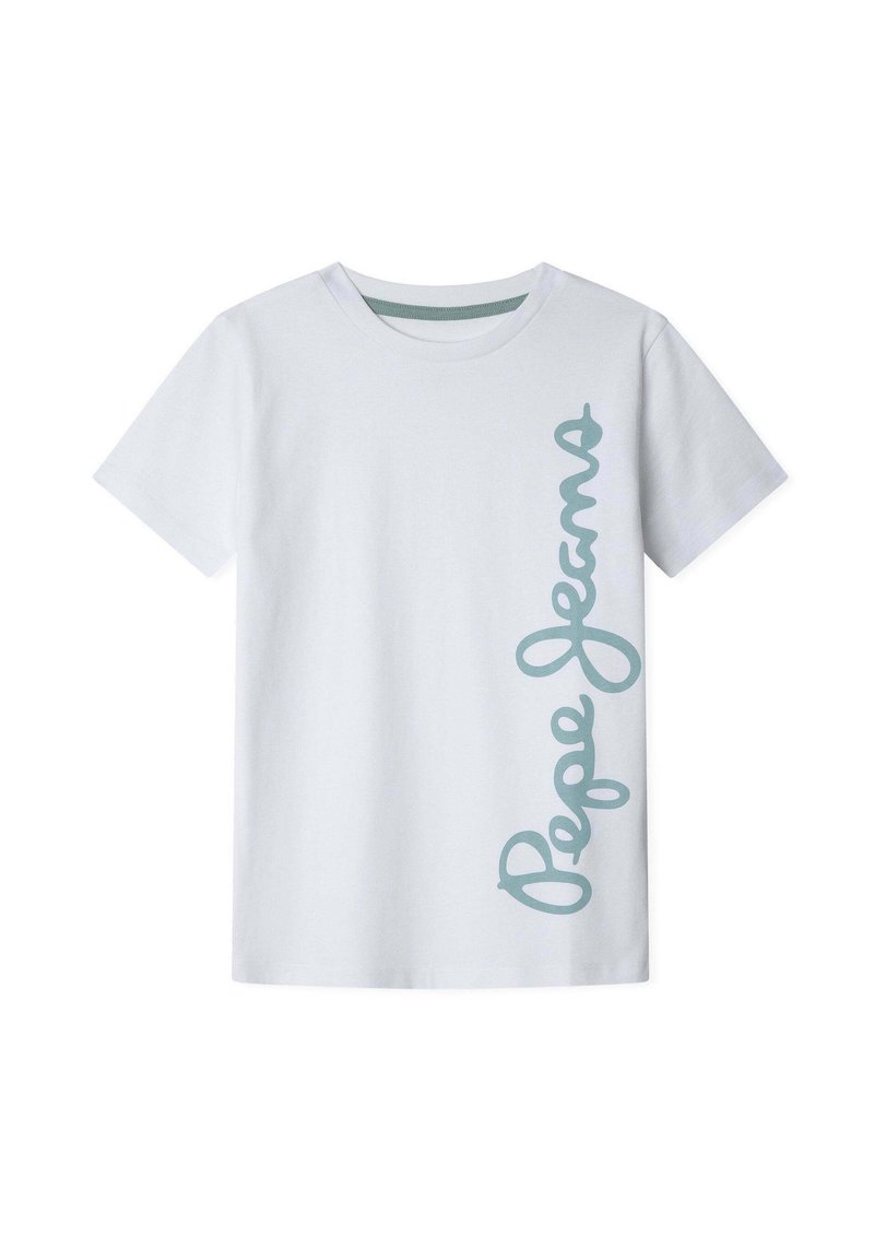 Bílý bavlněný tričko s jemně modrým, zakřiveným nápisem "Pepe Jeans" tištěným vertikálně na levé straně. Krátké rukávy, kulatý výstřih.