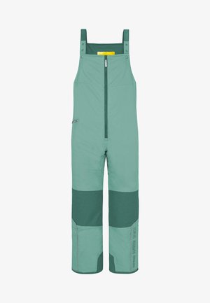 Mintgrüne wasserdichte Latzhose mit verstellbaren Trägern, Reißverschluss vorne, Seitentasche, farblich unterteilter Gestaltung und Logodetail am Bein.