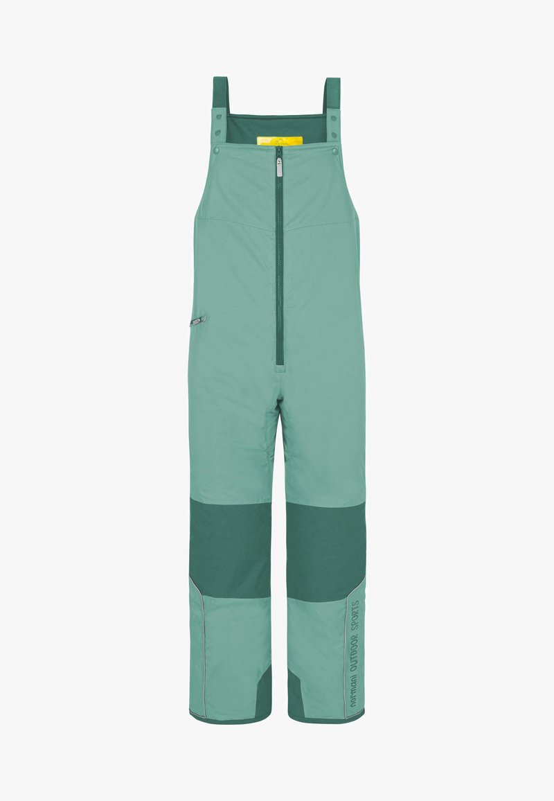 Mintgrüne wasserdichte Latzhose mit verstellbaren Trägern, Reißverschluss vorne, Seitentasche, farblich unterteilter Gestaltung und Logodetail am Bein.