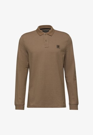 Langsleeve polo shirt van bruine textuurstof met een klassieke kraag, een twee-knopen sluiting en een vierkant logo patch op de borst.