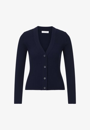 Námorně modrý žebrovaný kardigan s výstřihem do V a pěti knoflíky vpředu, s dlouhými rukávy a přiléhavým střihem.