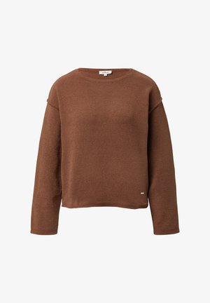 Bruine gebreide trui met een ronde hals, verzakte schouders en lange mouwen. Heeft een losse pasvorm en een subtiel merkembleem op de zoom.