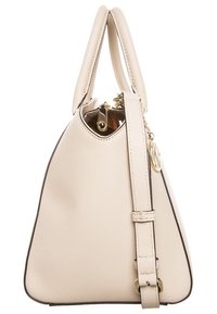 Beige leather handbag with top handles, a detachable shoulder strap, a gold-tone zipper, and contrasting black stitching along the edges.