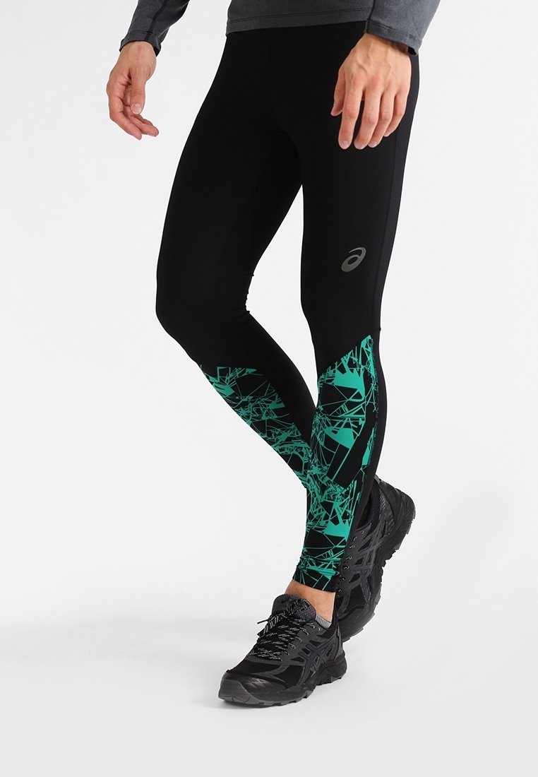 Leggings de sport noirs avec un motif géométrique en teal sur le bas des jambes. Fabriqués en tissu extensible avec un design élégant et ajusté.