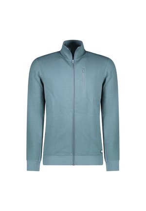 Lichtblauwe ritsjack met een gestructureerd patroon, hoge kraag en een borstzak; gemaakt van ademende stof, met ribgebreide manchetten.