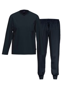 Marineblaues Zweiteiler-Outfit, bestehend aus einem langärmeligen V-Ausschnitt-Oberteil mit einer Tasche und passenden elastischen Hosen mit Bündchen an den Knöcheln.