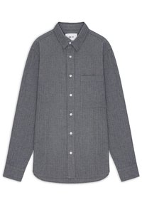 Gray long-sleeve button-up shirt made of textured fabric. Features a single chest pocket and white buttons along the front placket.
