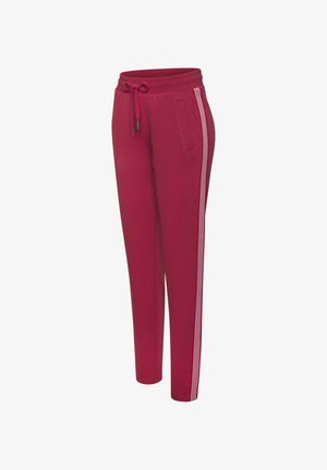 Rote Jogginghose mit Kordelzug, ausgestattet mit zwei Seitentaschen und weißen Streifenakzenten an den Seiten. Aus weichem Stoff gefertigt.