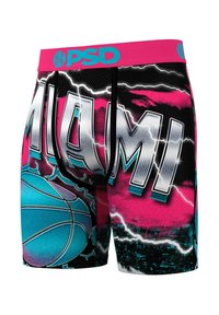 Boxeri scurți multicolori cu temă din Miami. Prezintă o talie roz cu logo-ul "PSD", litere mari grafic și un design cu mingea de baschet.