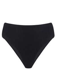 Czarne bikini o wysokim stanem, wykonane z elastycznego materiału. Gładka tekstura z bezszwowym wykończeniem i skromnym krojem po bokach.