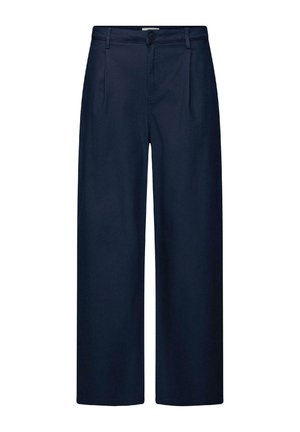 Pantalon taille haute bleu marine à jambes larges avec passants de ceinture, fermeture boutonnée à l'avant et plis subtils sur le devant, sur fond blanc.