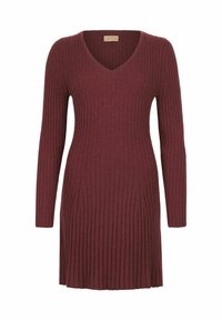 Ribbet bordeaux sweaterkjole med V-hals og lange ærmer, der har en tætsiddende silhuet, som taperer til en flagrende kant. Blød tekstur, strikket stof.
