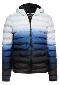 Gevoerde capuchonjack met een verloop van wit naar donkerblauw, voorzien van horizontale gestikte lijnen en een ritssluiting aan de voorkant.
